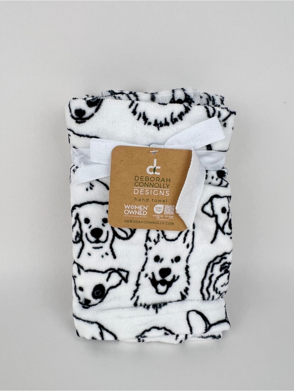 Deborah Connolly Hand Towel Dog Print Black White Soft Velour Cotton 2 Pc NEW